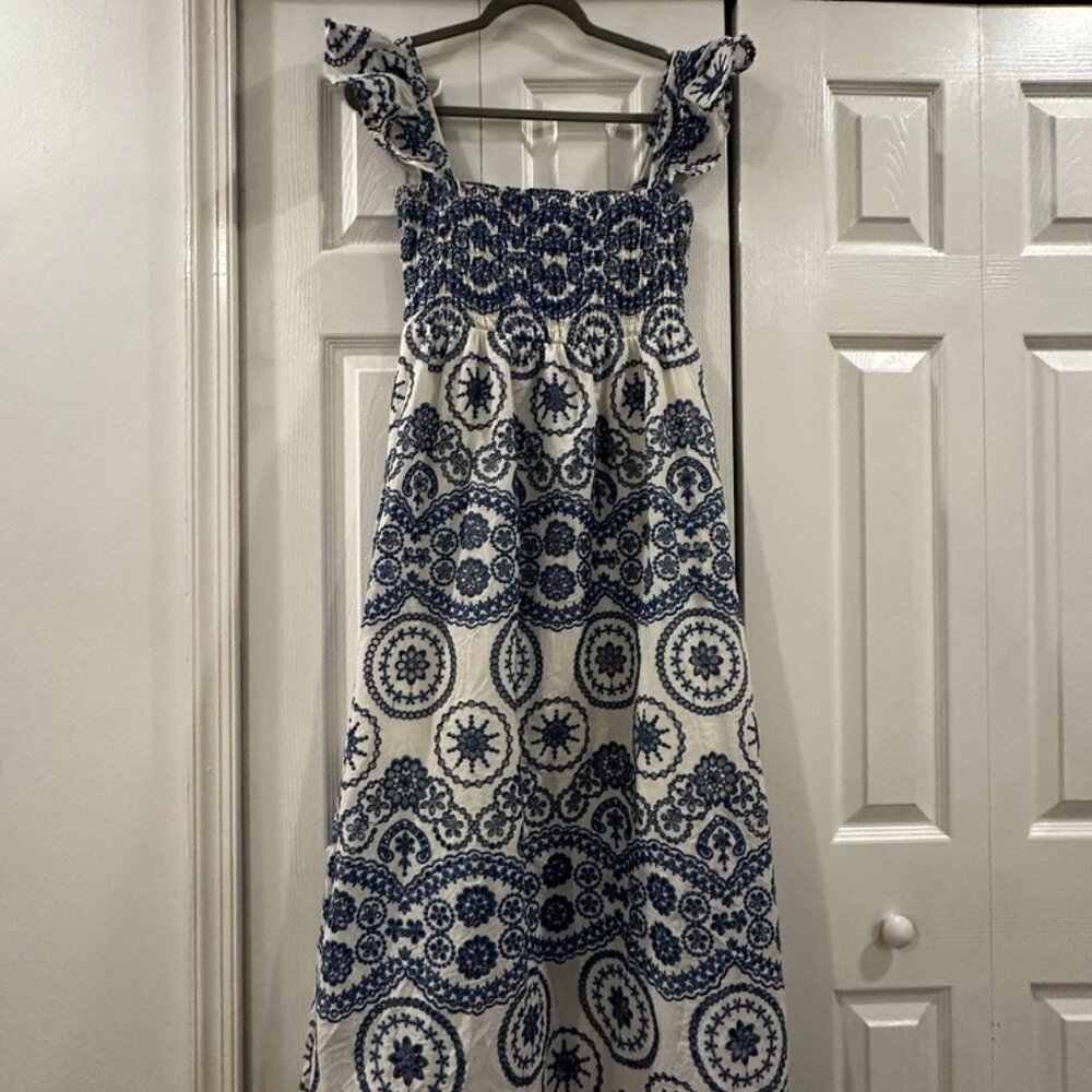 Blue and white embroidered midi dress